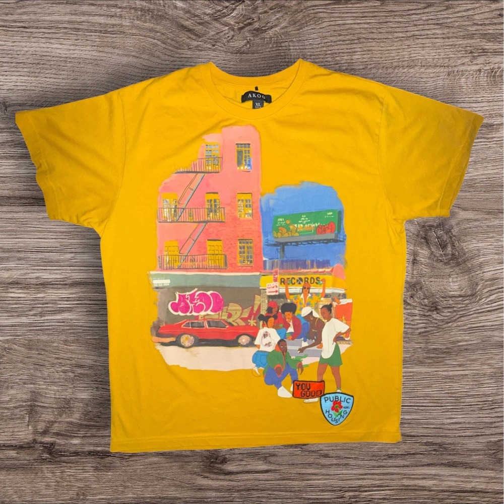 AKOO XL Yellow Graphic Streetwear T-Shirt Public Housing Hip Hop Urban Tee Mens